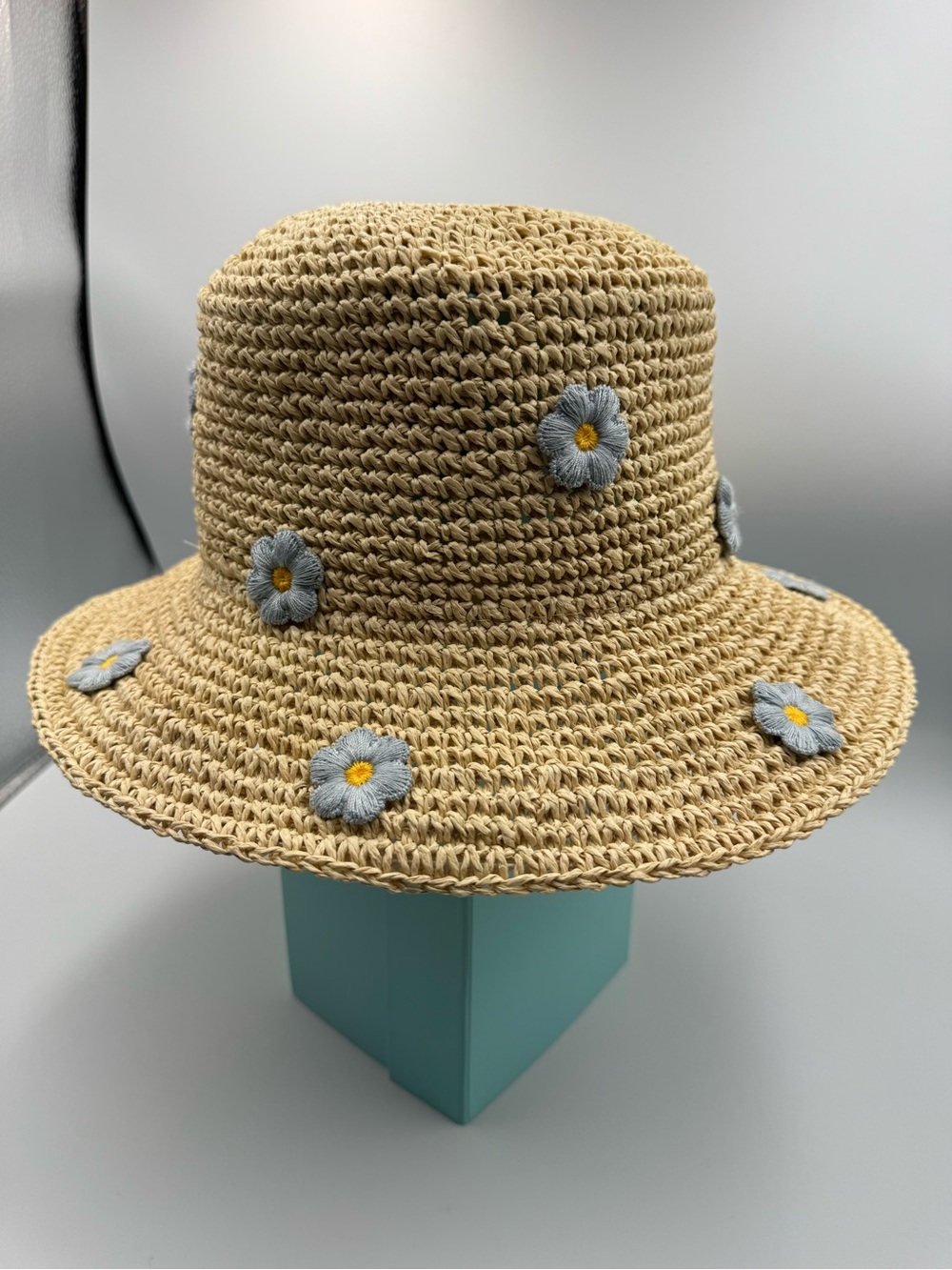 House of Harlow 1960 Woven Sun Hat with Blue Daisy Embroidery